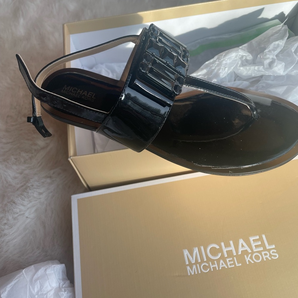New Michael Kors Black Patent Sandals with Embellishments